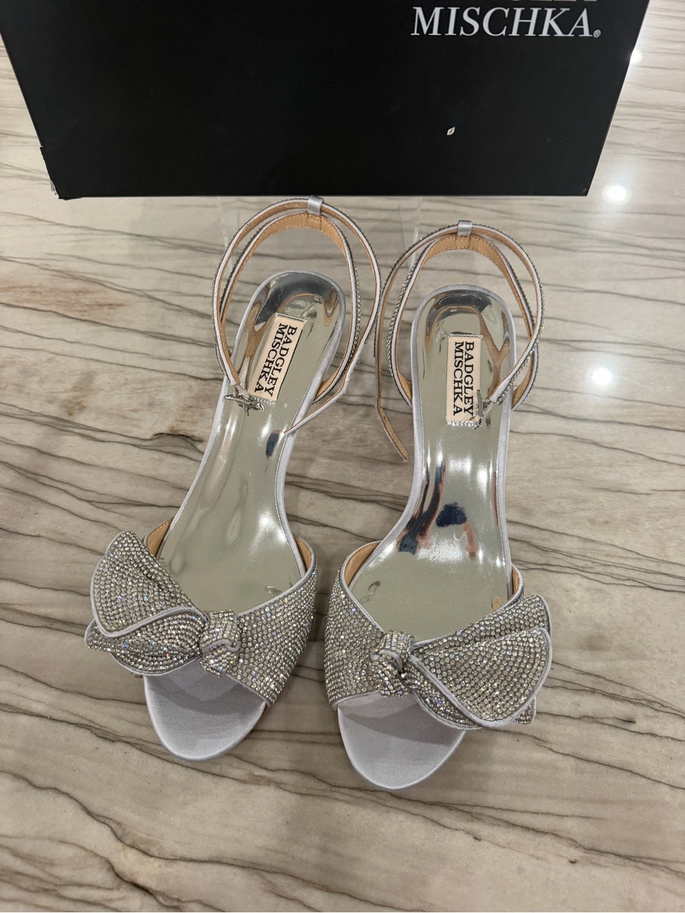 Manolo Blahnik Silver Crystal Bow Open-Toe Heels